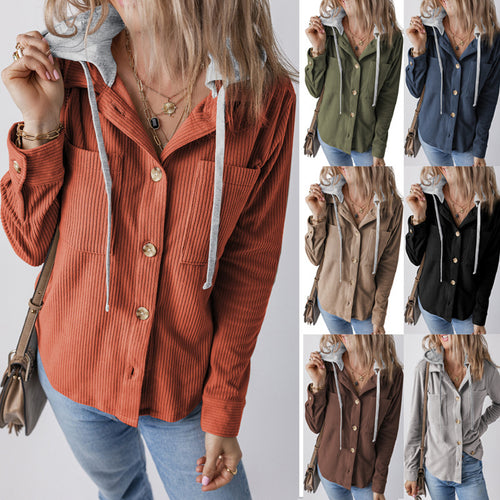 Damen lässige Hemdjacket mit Kapuze und seitlichen Taschen R&B