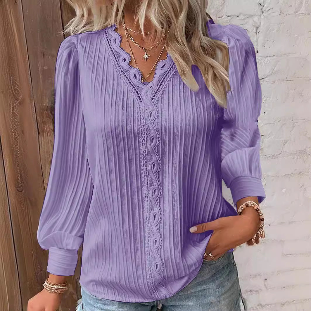 Damen nan romantische V-Ausschnitt Spitzenbluse mit Plissee und Puffärmeln R&B