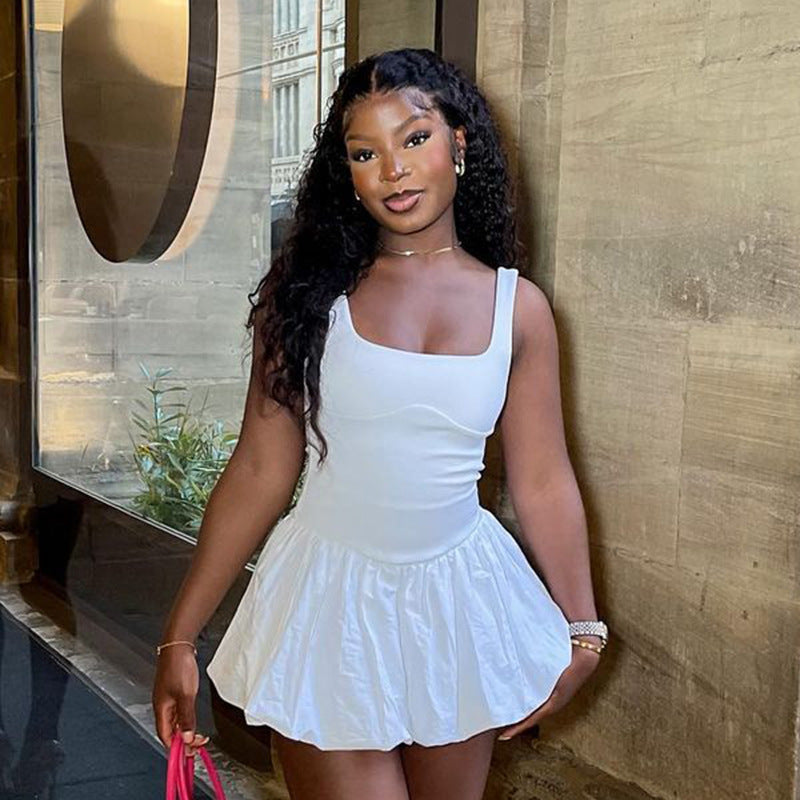 Damen verspieltes Mini-Kleid mit quadratischem Ausschnitt R&B