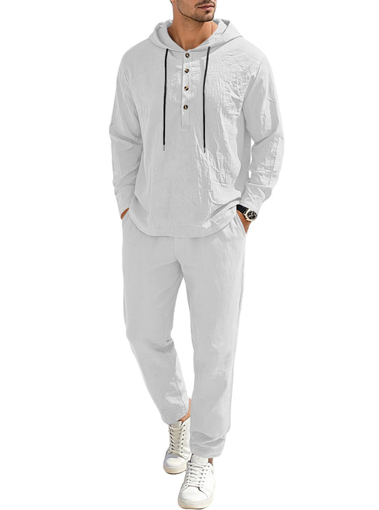 Herren nan entspannter Kapuzen-Henley Freizeitanzug aus leichter Baumwollmischung in Leinenoptik mit Kordelzug und elastischer Bundhose R&B