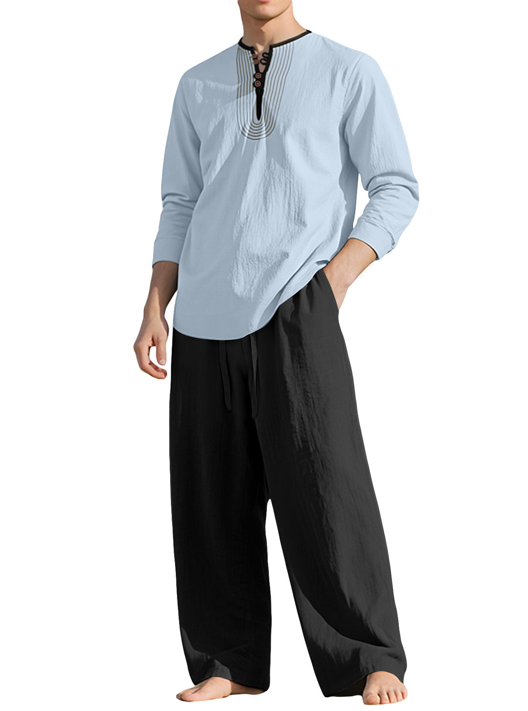 Herren nan Tunika- und Palazzohose-Set mit Henley-Blende, Zierstickerei und weitem Schnitt R&B