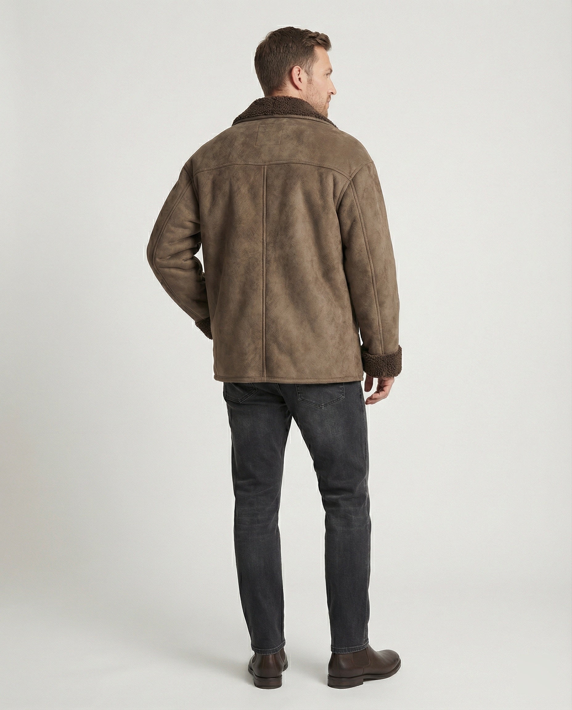 Herren extraweiter Lammfellimitat-Fliegerjacke mit Teddyfutter umklappbarem Kragen und verdeckten Druckknöpfen R&B