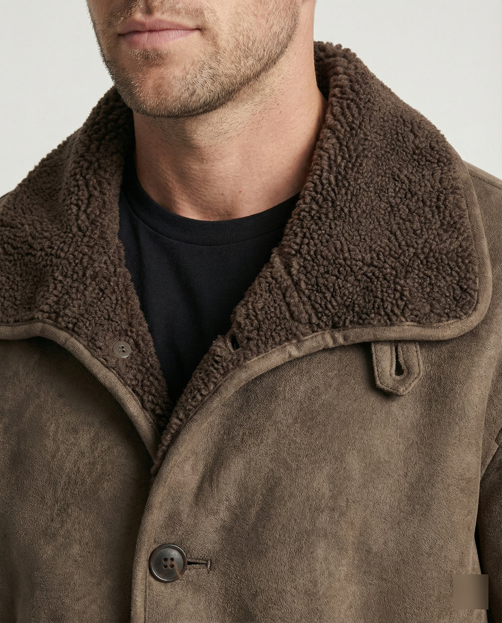 Herren extraweiter Lammfellimitat-Fliegerjacke mit Teddyfutter umklappbarem Kragen und verdeckten Druckknöpfen R&B