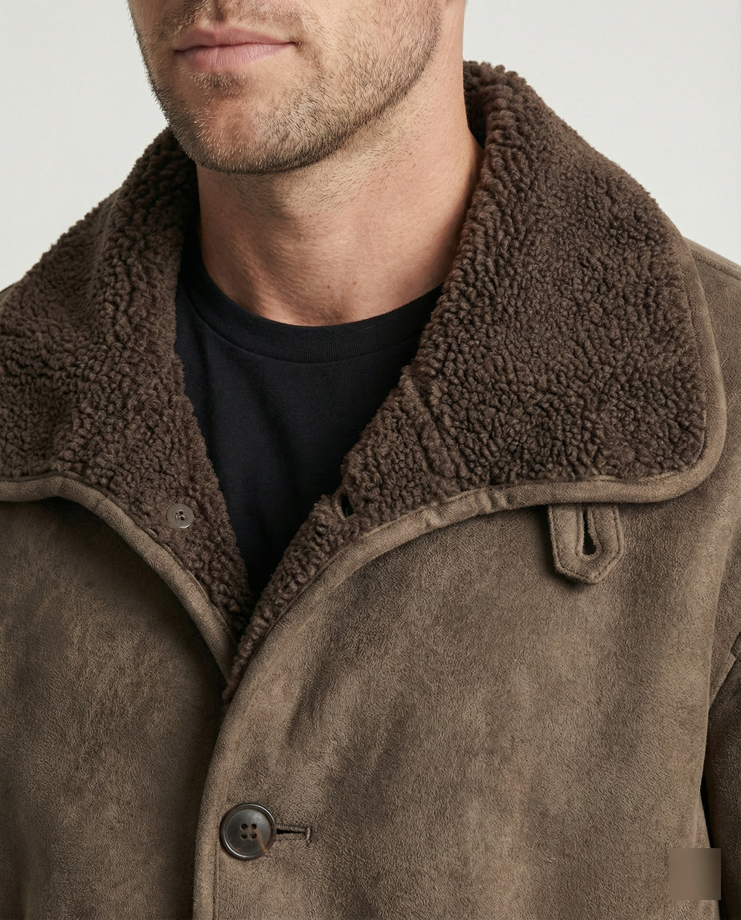 Herren extraweiter Lammfellimitat-Fliegerjacke mit Teddyfutter umklappbarem Kragen und verdeckten Druckknöpfen R&B