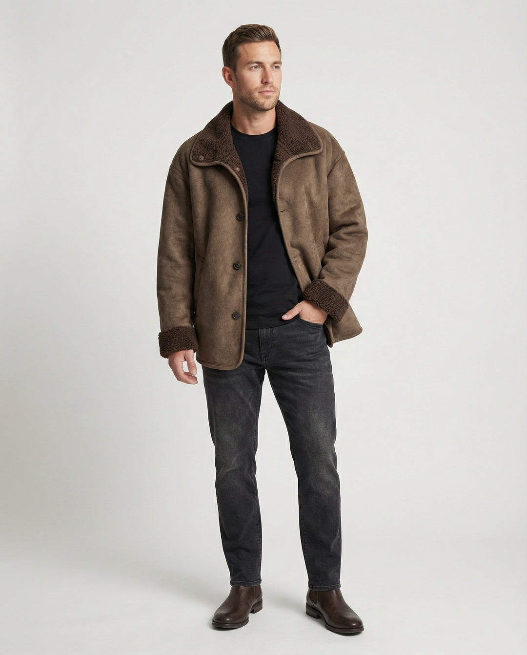 Herren extraweiter Lammfellimitat-Fliegerjacke mit Teddyfutter umklappbarem Kragen und verdeckten Druckknöpfen R&B