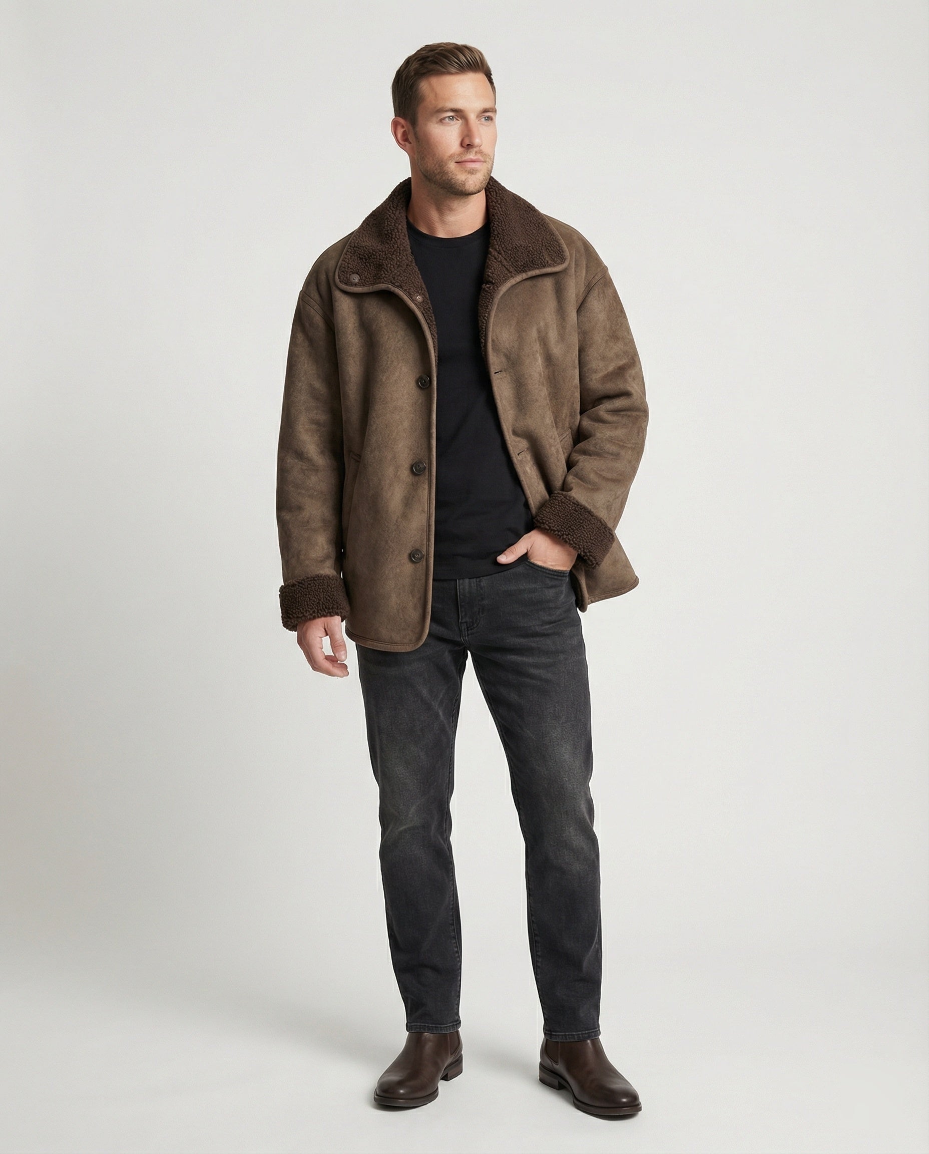Herren extraweiter Lammfellimitat-Fliegerjacke mit Teddyfutter umklappbarem Kragen und verdeckten Druckknöpfen R&B
