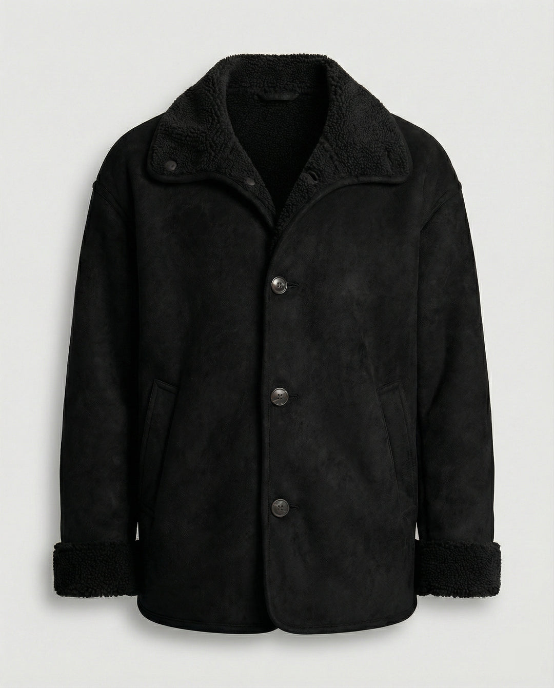 Herren extraweiter Lammfellimitat-Fliegerjacke mit Teddyfutter umklappbarem Kragen und verdeckten Druckknöpfen R&B