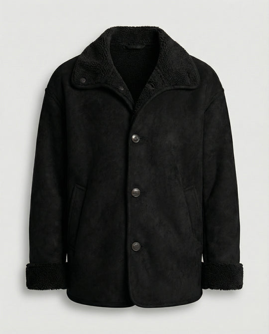 Herren extraweiter Lammfellimitat-Fliegerjacke mit Teddyfutter umklappbarem Kragen und verdeckten Druckknöpfen R&B