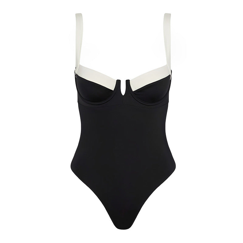 Damen Eleganter Einteiler-Badeanzug mit tiefem V-Ausschnitt und breiten Trägern R&B