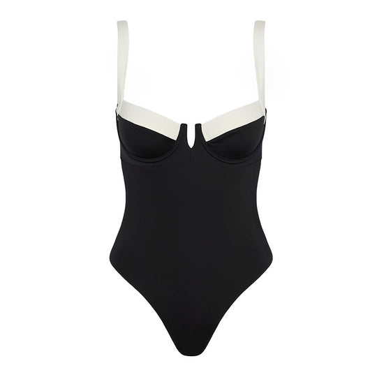 Damen Eleganter Einteiler-Badeanzug mit tiefem V-Ausschnitt und breiten Trägern R&B