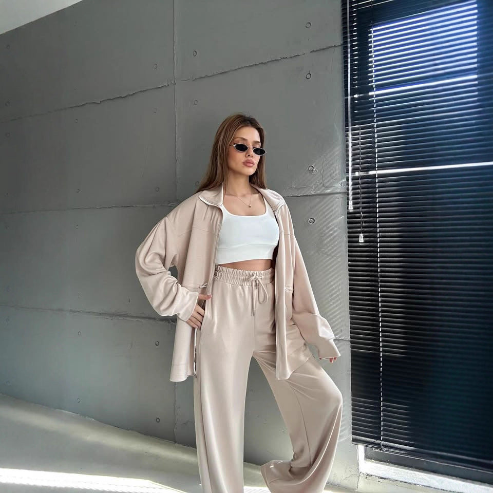 Damen modisches Satin-Sportanzug-Set mit verstellbarem Bund und hohem Kragen R&B
