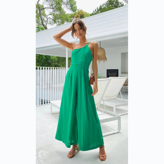 Damen Jumpsuit im modischen Wickeldesign mit weitem Bein und schulterfreiem Schnitt R&B