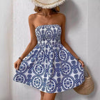 Damen nan schulterfreies Sommerkleid mit Smokoberteil und ausgestelltem Tellerrock R&B