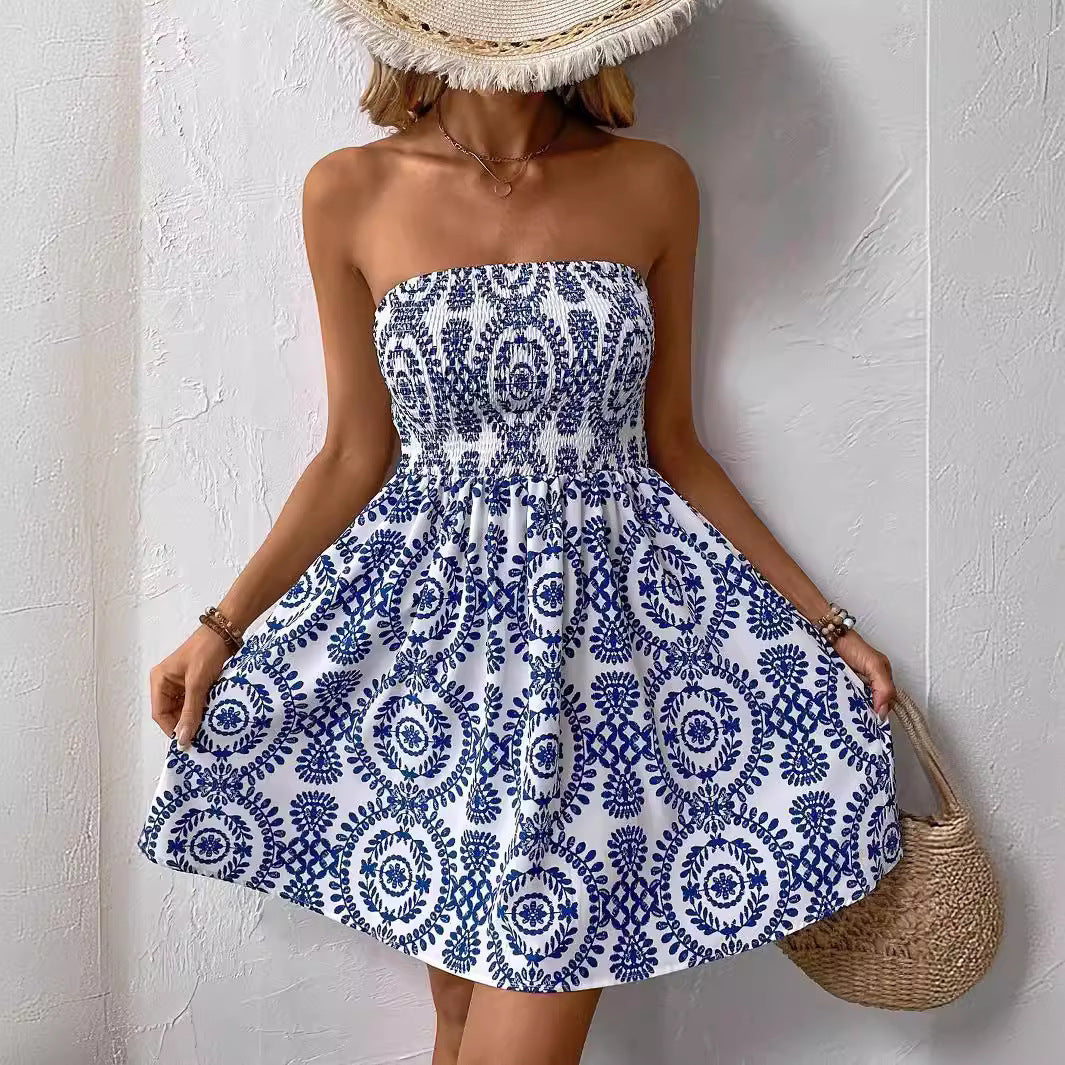 Damen nan schulterfreies Sommerkleid mit Smokoberteil und ausgestelltem Tellerrock R&B
