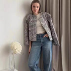 Damen nan strukturierte Boucléjacke mit Stehkragen, aufgesetzten Taschen und elastischem Saum R&B