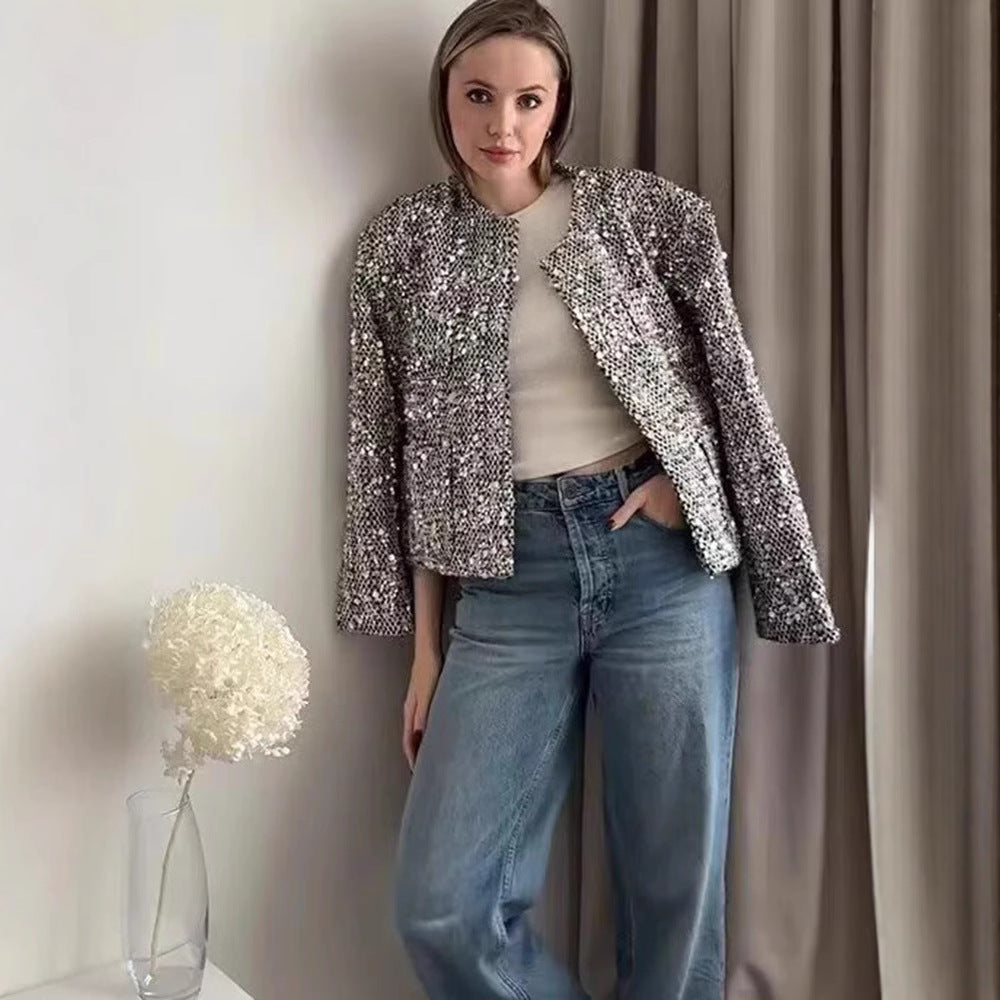 Damen nan strukturierte Boucléjacke mit Stehkragen, aufgesetzten Taschen und elastischem Saum R&B