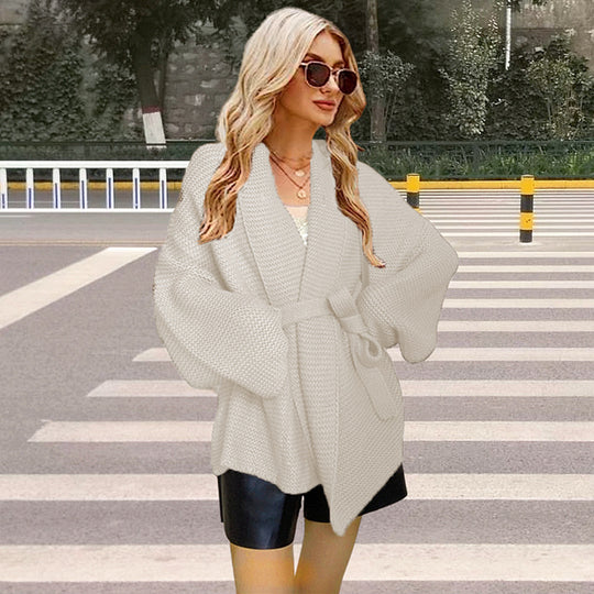 Damen Grobstrickjacke mit breitem Gürtel und weitem Schnitt R&B