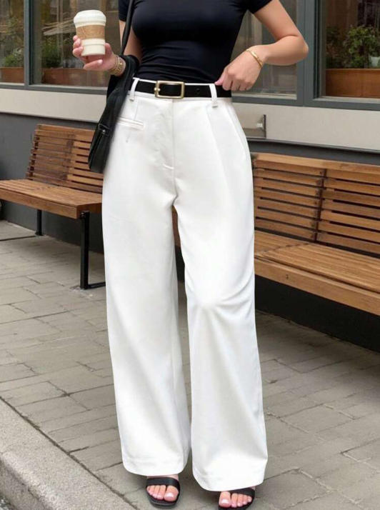 Damen Elegante und bequeme High-Waist Stoffhose mit breitem Bein R&B