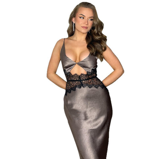 Damen hochgeschlossenes Maxikleid mit Spitzenakzenten und raffiniertem Ausschnitt R&B