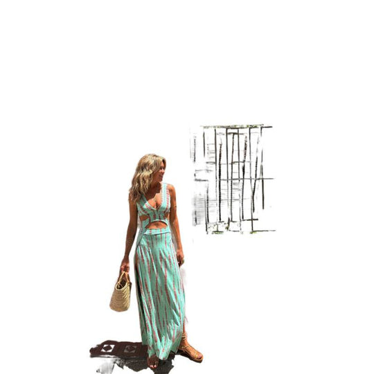 Damen Lang kleid mit tiefem V-Ausschnitt und modischem Cut-Out R&B