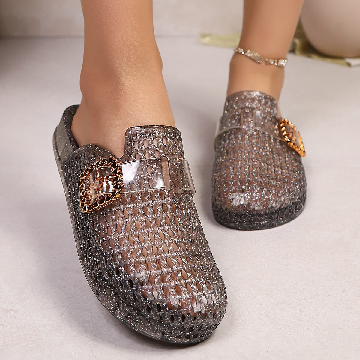 Damen Modische Glitzer-Clogs mit elegantem Schnallen-Design R&B
