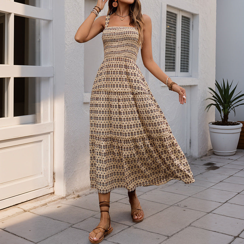 Damen Maxikleid mit verstellbaren Spaghettiträgern und elastischem Oberteil R&B