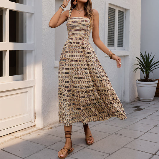 Damen Maxikleid mit verstellbaren Spaghettiträgern und elastischem Oberteil R&B