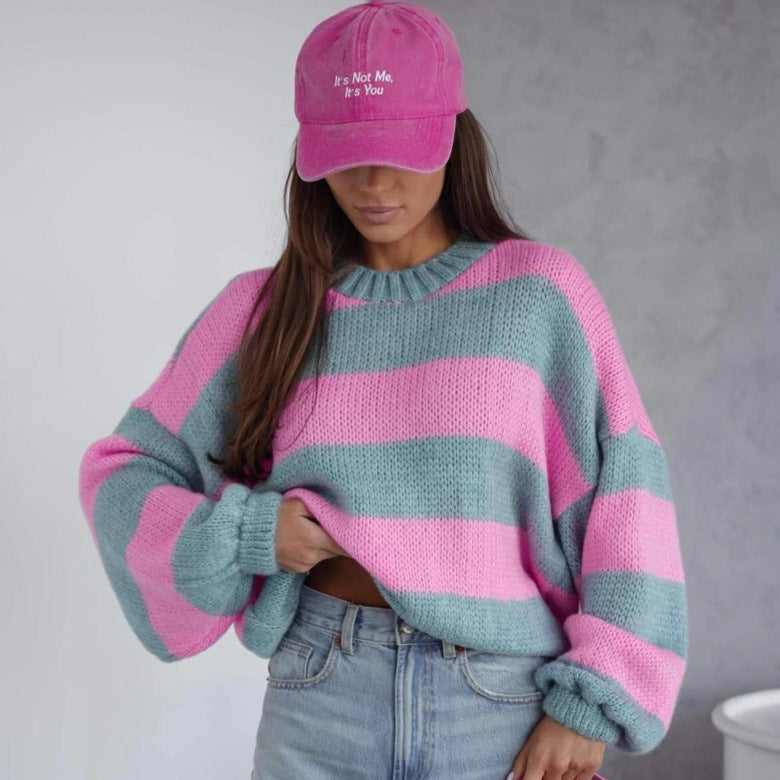 Damen lässiger Strickpullover mit luftiger Struktur und lockeren Ärmeln R&B