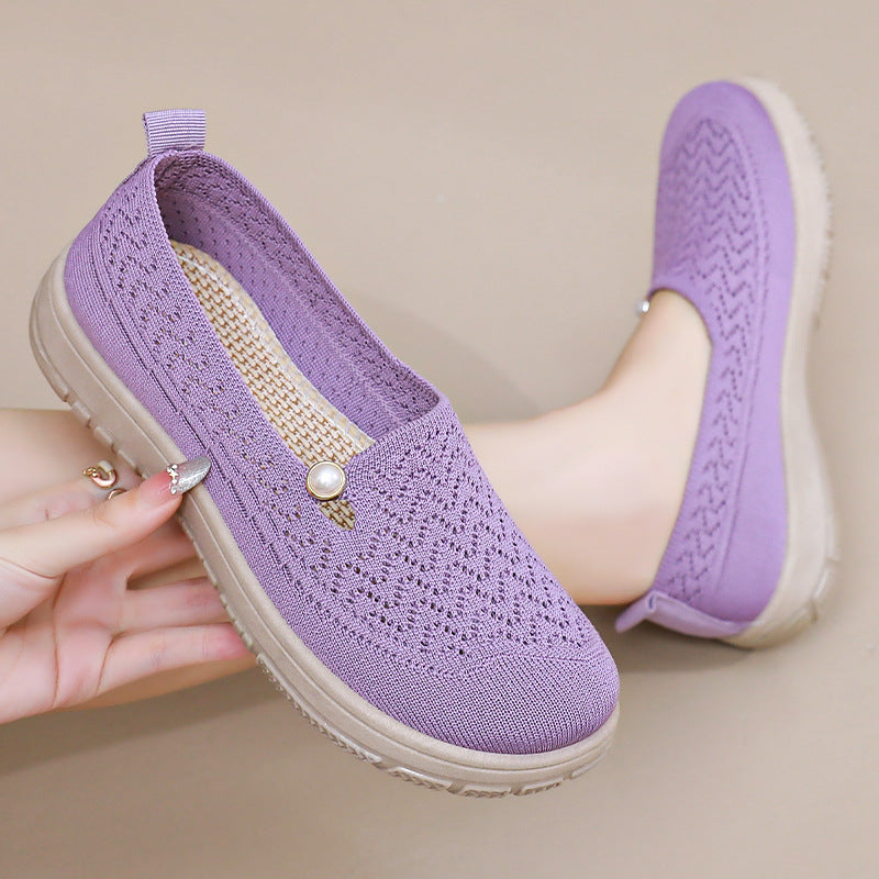 Damen Slip-On Freizeit Schuhe mit eleganter Strickoberfläche und Perlenschmuck R&B