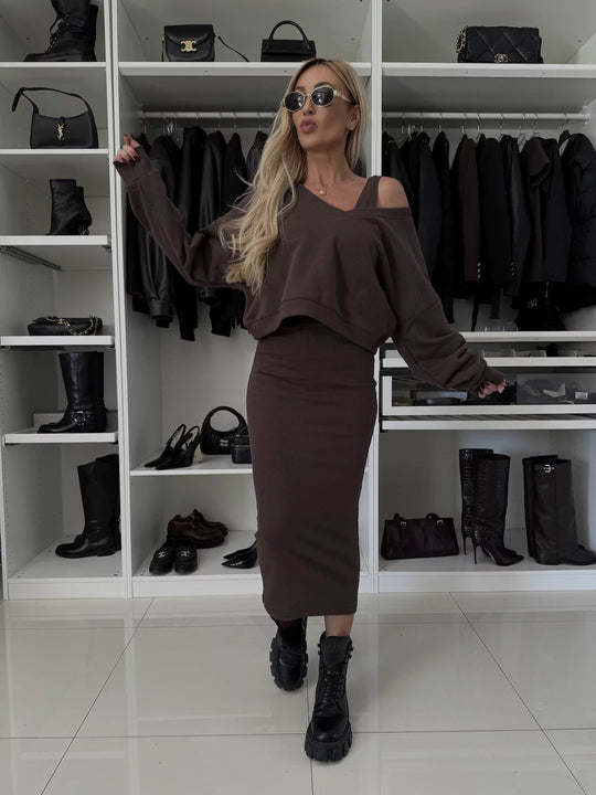 Damen elegantes und lässiges Zweiteiler-Set mit V-Ausschnitt und weitem Oberteil R&B