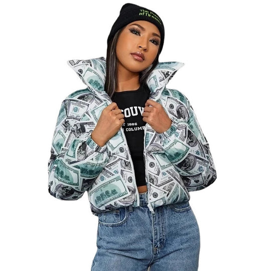 Damen modische cropped Steppjacke im Dollar-Design R&B