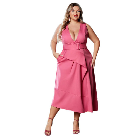 Damen Elegantes Maxikleid mit Gürtel und tiefem Ausschnitt R&B