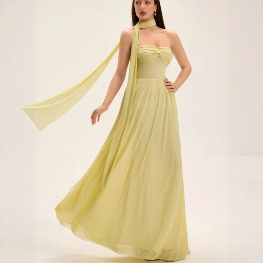 Damen Maxikleid mit eleganter Schulterpartie und fließendem Rock R&B