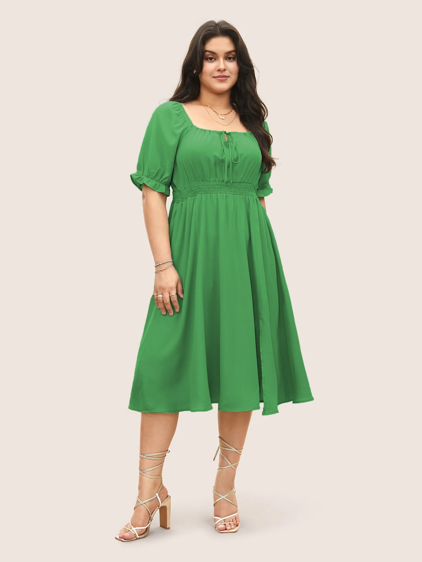 Damen Midi-Kleid mit Puffärmeln und elastischem Taillenbund R&B