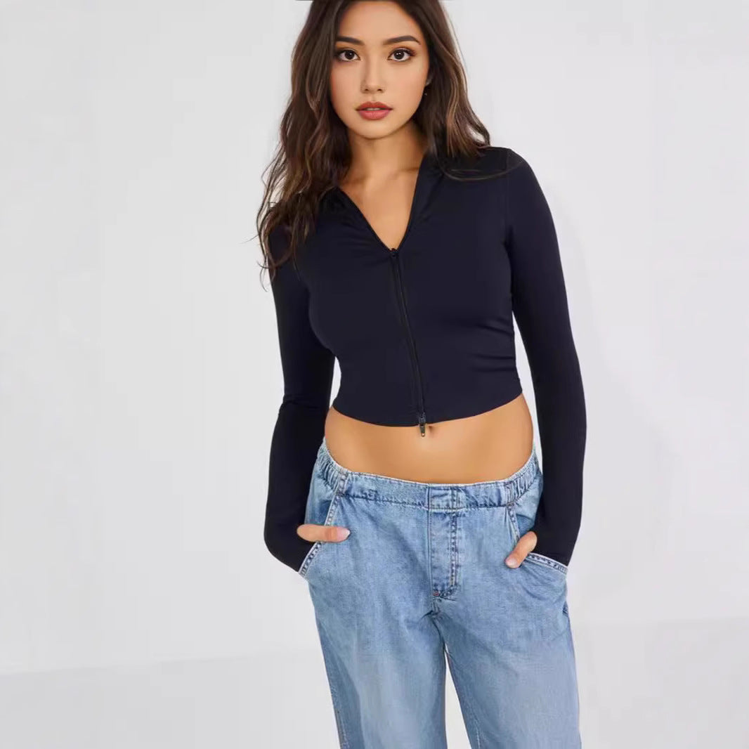 Damen Cropped Zip-Langarmshirt mit hohem Kragen R&B