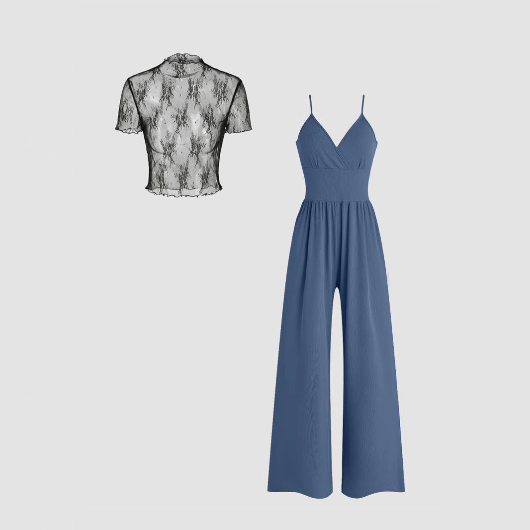 Damen elegantes V-Ausschnitt Jumpsuit mit transparenter Bluse R&B