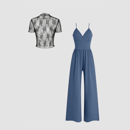 Damen elegantes V-Ausschnitt Jumpsuit mit transparenter Bluse R&B
