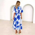 Damen Maxikleid mit buntem floralen Design und lässigen Puffärmeln R&B