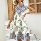 Damen Casual Blusenkleid mit floralem Muster und modernem V-Ausschnitt R&B