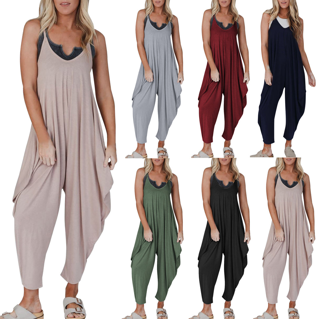 Damen bequemer Jumpsuit mit lässigem Schnitt und tiefem V-Ausschnitt R&B