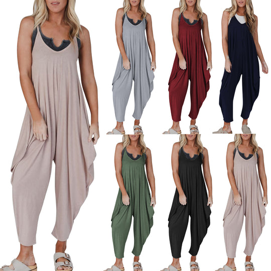 Damen bequemer Jumpsuit mit lässigem Schnitt und tiefem V-Ausschnitt R&B