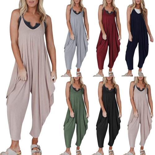 Damen bequemer Jumpsuit mit lässigem Schnitt und tiefem V-Ausschnitt R&B