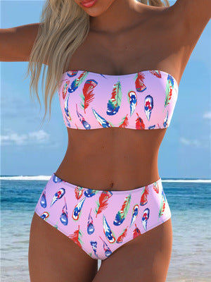 Damen Bandeau-Bikini mit einzigartigem Federmuster und hohem Taillenschnitt R&B