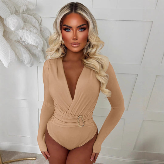 Damen Body mit tiefem V-Ausschnitt und schmalem Gürtel R&B