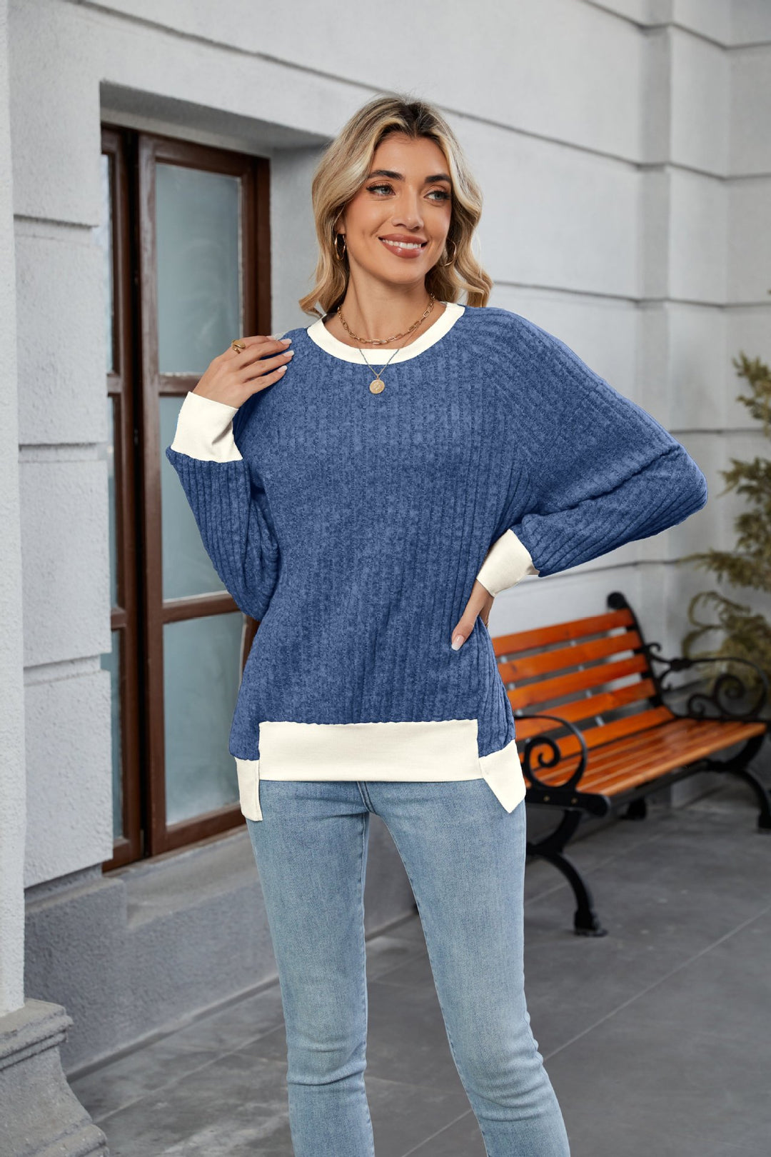 Damen lässiger Pullover mit kontrastierenden Ärmelabschlüssen und einzigartiger Textur R&B