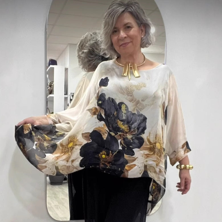Damen nan luftige Chiffon-Tunika mit Fledermausärmeln asymmetrischem Saum und floralem Druck R&B