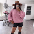 Damen lässiger Strickpullover mit herzförmigen Mustern und angeschnittenen Ärmeln R&B