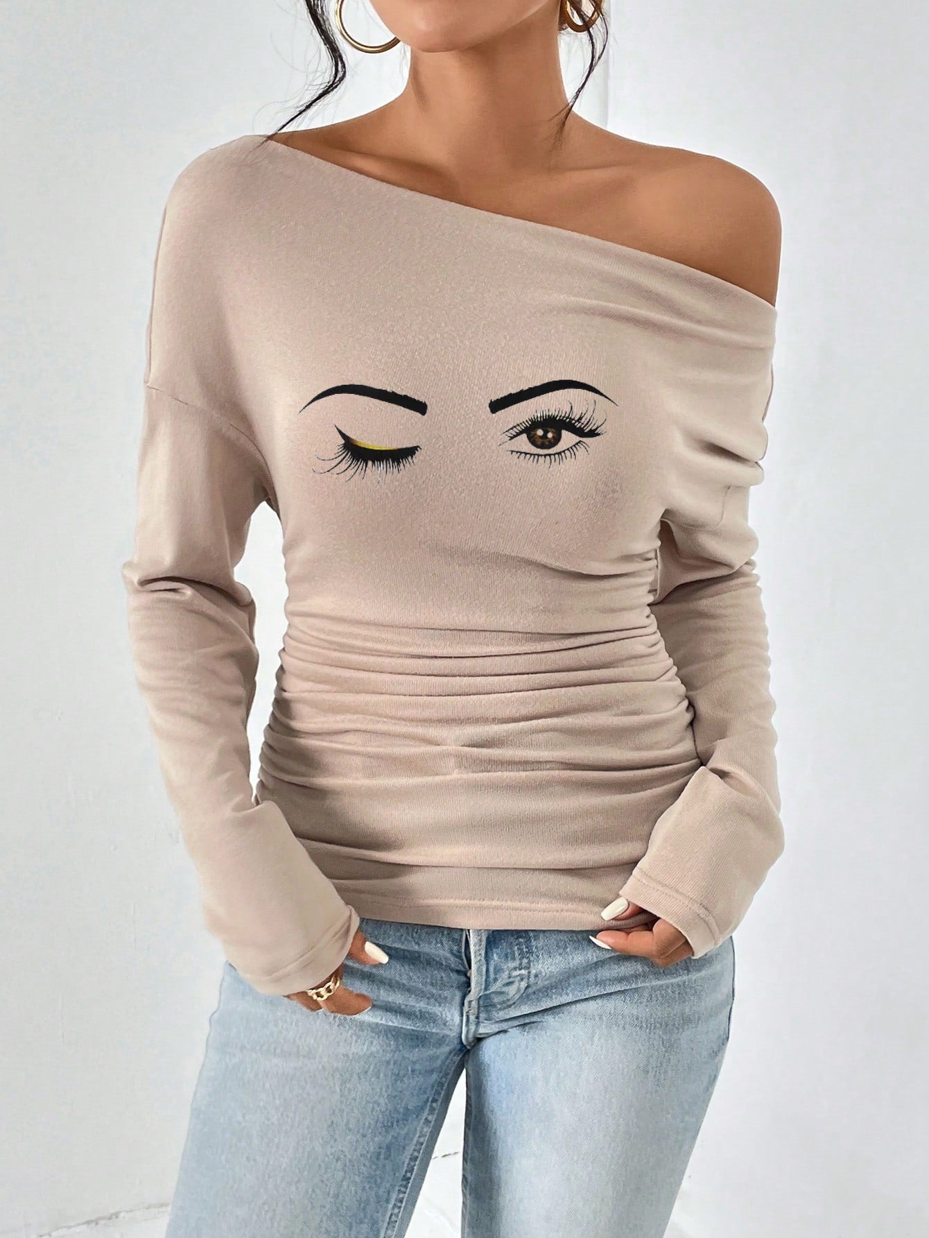 Damen Off-Shoulder Langarmshirt mit Raffung R&B