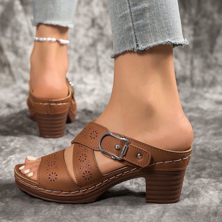 Damen elegante Keil-Pantoletten mit modischer Schnallenverzierung R&B