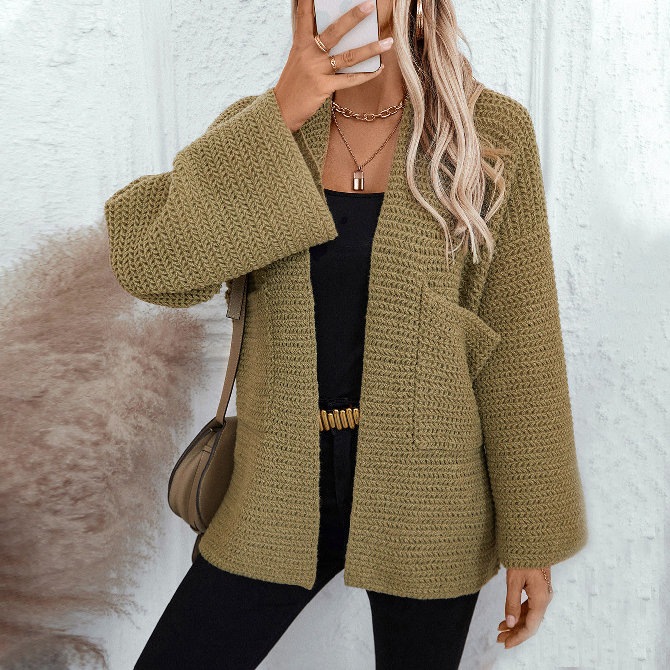 Damen luftige Strickjacke mit großen Taschen und offenen Ärmeln